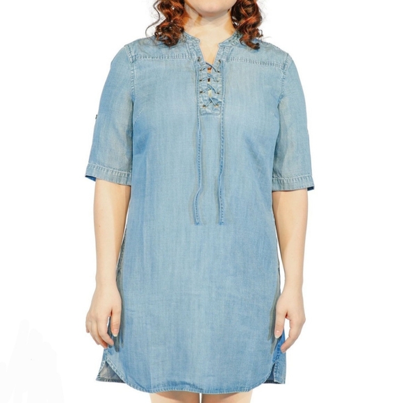 Philosophy Blue Denim Chambray 100% Tencel Dress W/ Rollup Sleeves Sz XXL - Picture 1 of 8
